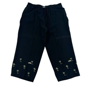 Weekend Traffic Women XL Capri Pants Black Pull On Drawstring Palm Trees Theme